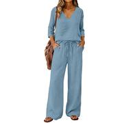 Linen Co Ord Sets for Women UK Plus Size Two Piece Airport Travel Outfits Spring Summer 3/4 Sleeve V-Neck Henley Tops Wide Leg Drawstring Beach Trousers Lounge Wear Sets for Women Going Out