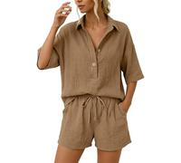Linen Coord Sets for Women UK Khaki V-Neck Short Sleeve Shirt and Drawstring Shorts Petite Soft Casual Loungewear Travel Outfit Airport Set Relaxed Lounge Set with Pockets for Beach Holiday UK 10