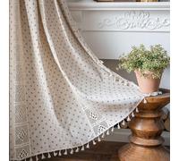 Linen Cotton Curtains with Lace Pom Poms, Set of 2 (110 x 59 inches) for Bedroom & Living Room, Elegant Home Décor (A150 x 200 cm)