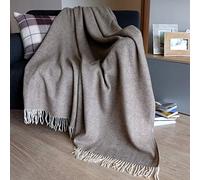 Linen & Cotton Luxury Extra Soft Light Throw/Blanket STONEWOLD Herringbone Pattern - 100% Fine Merino Wool, Brown (140 x 200cm) Warm Plaid for Sofa Bed Couch Settee Bedspread Single Double Lambswool