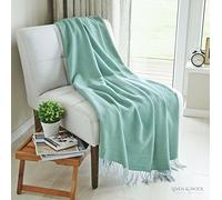 Linen & Cotton Luxury Extra Soft Throw/Blanket STONEWOLD Herringbone Pattern -100% Fine Merino Wool, Turquoise Blue (140 x 200cm) Warm Plaid Sofa Bed Couch Settee Bedspread Single Double Lambswool