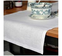 Linen & Cotton Luxury Hemstitched Table Runner FLORENCE, 100% Linen - 43 x 180cm (17.2''x 72''), White
