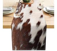 Linen Cow Print Table Runner 13x71 Inch Farmhouse Western White Brown Cowhide Runners Table Decorations Rustic Coffee Table Runner for Home Kitchen Dining Room (White & Brown, 13 x 71 Inches)