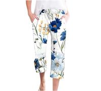 Linen Cropped Trousers for Women Sale Clearance, 3/4 Length Pants Vintage Floral Print Trouser Cherry Berry Cropped Trousers Pedal Pushers Lounge Pants Bengaline Stretch Leggings Elasticated Cut Off