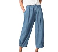 Linen Cropped Trousers for Women UK Elastic Waist Straight Leg Cotton Pants with Pockets Solid Plain Loose Fit Work Trousers Ladies Summer Cosy Pull On Casual Pants