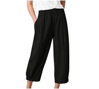 Linen Cropped Trousers for Women UK Elastic Waist Straight Leg Cotton Pants with Pockets Solid Plain Loose Fit Work Trousers Ladies Summer Cosy Pull On Casual Pants