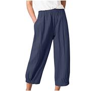 Linen Cropped Trousers for Women UK Elastic Waist Straight Leg Cotton Pants with Pockets Solid Plain Loose Fit Work Trousers Ladies Summer Cosy Pull On Casual Pants