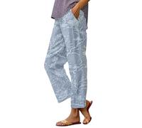 Linen Cropped Trousers for Women UK Plus Size 2025 Women's Floral Embroidered Lace Printed Loose Pocket Patchwork Casual Pants Ladies (Light Blue, XL)