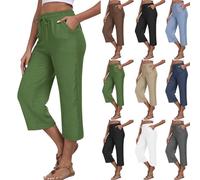 Linen Cropped Trousers for Women UK Sale Clearance, 3/4 Length Pants Drawstring Elastic Waist Joggers Casual Cherry Berry Shorts Plain Sweatpants Workout Yoga Sports Bottoms with Pockets S-3XL Coffee