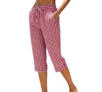 Linen Cropped Trousers Women Casual 3/4 Capri Pants for Womens Petite Comfy Summer Three Quarter Length Trousers Drawstring Waist Straight Leg Lounge Yoga Beach Pants with Pockets