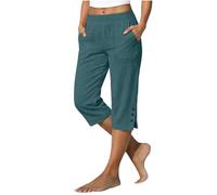 Linen Cropped Trousers Women Cotton High Waisted Lounge Three Quarter Pant with Button Split Hem Office Culotte Bottoms Summer Comfy Hippy Floaty Ladies Capri Shorts for Outdoor Jogging Blue