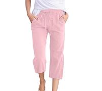 Linen Cropped Trousers Womens 3/4 Short Leg Petite Wide Leg Trousers with Elasticated Waist Capri Pants Casual Solid Color Summer Loose Fit Beach Pants (Pink, S)