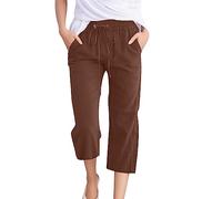 Linen Cropped Trousers Womens 3/4 Short Leg Petite Wide Leg Trousers with Elasticated Waist Capri Pants Casual Solid Color Summer Loose Fit Beach Pants (Brown, XL)