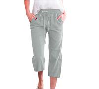 Linen Cropped Trousers Womens 3/4 Short Leg Petite Wide Leg Trousers with Elasticated Waist Capri Pants Casual Solid Color Summer Loose Fit Beach Pants (Mint Green, XXXL)