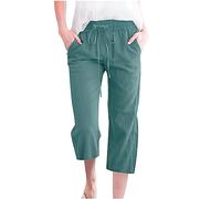 Linen Cropped Trousers Womens 3/4 Short Leg Petite Wide Leg Trousers with Elasticated Waist Capri Pants Casual Solid Color Summer Loose Fit Beach Pants (Sky Blue, L)