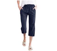 Linen Cropped Trousers Womens 3/4 Short Leg Petite Wide Leg Trousers with Elasticated Waist Capri Pants Casual Solid Color Summer Loose Fit Beach Pants (Navy, M)