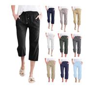 Linen Cropped Trousers Womens 3/4 Short Leg Petite Wide Leg Trousers with Elasticated Waist Capri Pants Casual Solid Color Summer Loose Fit Beach Pants (Black, M)