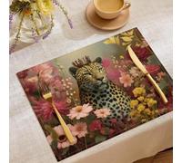 Linen Crowned Leopard In The Flower Garden Placemats Set of 2 Rectangle Classical Beast Table Mats Heat-Resistant Placemat Decoration Washable Place Mats for Kitchen Table Decoration, 45x30CM