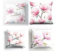 Linen Cushion Covers Set of 4 Pink Magnolia 40x40cm Pillow Cases for Bedroom Livingroom Square Throw Pillow Cover with Invisible Zipper Pillowcase for Couch Home bed Outdoor Garden Patio Decor 1504