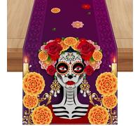 Linen Dia De Los Muertos Table Runner 72 Inches Long Day of The Dead Tablecloth Mexican Fiesta Themed Party Decorations and Supplies for Home Kitchen Dining Room Table