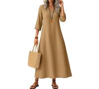 Linen Dress for Women UK Dresses Long Classic Flowy Solid Color Sleeve V Neck Cotton Maxi with Hemline (Light Pink, L)