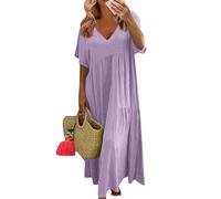 Linen Dress for Women UK Ladies Dresses Long Summer Casual Oversized Solid Color V Neck Short Sleeve Cotton Maxi with Big Hemline Tunic (Purple, XXL)