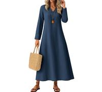 Linen Dress for Women UK Shirt Dresses Summer Plus Size Classic Flowy Solid Color Long Sleeve V Neck Cotton Maxi with Hemline Midi