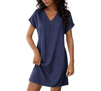 Linen Dress for Women UK V Neck Short Sleeve Midi Dresses Holiday Beach Summer Dress Casual Solid Color T Shirt Dresses A-Line Swing Loose Mini Sundress Navy