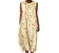 Linen Dresses Cheesecloth Dress for Women Summer Casual V Neck Italian Midi Short Sleeveless A-line Sundress Tunic Breathable Floral With Pockets Beach Lightweight Shift Plus Size Ladies UK Italy