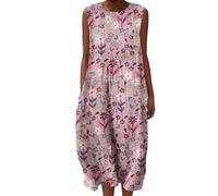 Linen Dresses Cheesecloth Dress for Women Summer Casual V Neck Italian Midi Short Sleeveless A-line Sundress Tunic Breathable Floral With Pockets Beach Lightweight Shift Plus Size Ladies UK Italy