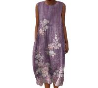 Linen Dresses Cheesecloth Dress for Women Summer Casual V Neck Italian Midi Short Sleeveless A-line Sundress Tunic Breathable Floral With Pockets Beach Lightweight Shift Plus Size Ladies UK Italy