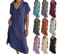 Linen Dresses for Women Split Short Sleeve V Neck Cotton Summer Dress Casual Loose Fit Vent Solid Sundress Comfy Lounge Beach Holiday Elegant Long Dresses UK Sale Clearance Navy