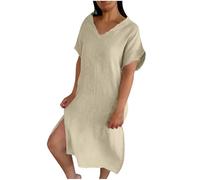 Linen Dresses for Women Split Short Sleeve V Neck Cotton Summer Dress Casual Loose Fit Vent Solid Sundress Comfy Lounge Beach Holiday Elegant Long Dresses UK Clearance Khaki