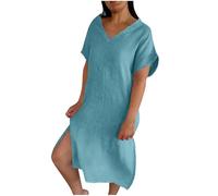 Linen Dresses for Women Split Short Sleeve V Neck Cotton Summer Dress Casual Loose Fit Vent Solid Sundress Comfy Lounge Beach Holiday Elegant Long Dresses UK Clearance Blue