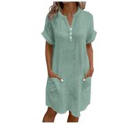 Linen Dresses for Women UK Cap Sleeve Boho Dress Summer Midi Dress with Pockets Button V Neck Beach Shirt Dresses Milkmaid Kaftan Cotton Petite Ladies Sundress Pull on Shirred Sundresses Green