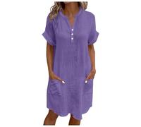 Linen Dresses for Women UK Cap Sleeve Boho Dress Summer Midi Dress with Pockets Button V Neck Beach Shirt Dresses Milkmaid Kaftan Cotton Petite Ladies Sundress Pull on Shirred Sundresses Purple