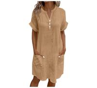 Linen Dresses for Women UK Cap Sleeve Boho Dress Summer Midi Dress with Pockets Button V Neck Beach Shirt Dresses Milkmaid Kaftan Cotton Petite Ladies Sundress Pull on Shirred Sundresses Khaki