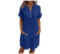 Linen Dresses for Women UK Cap Sleeve Boho Dress Summer Midi Dress with Pockets Button V Neck Beach Shirt Dresses Milkmaid Kaftan Cotton Petite Ladies Sundress Pull on Shirred Sundresses Blue