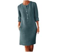 Linen Dresses for Women UK Clearance Italian Boho Dress Half Button Short Sleeve V Neck Midi Dresses with Pocket Ladies Plain Casual Swing Dress Loose Fit Pullover Beach Sundress Deal of The Day
