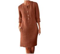 Linen Dresses for Women UK Clearance Italian Boho Dress Half Button Short Sleeve V Neck Midi Dresses with Pocket Ladies Plain Casual Swing Dress Loose Fit Pullover Beach Sundress Deal of The Day