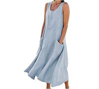 Linen Dresses for Women UK Clearance Italian Cotton Linen Dresses Sleeveless Boho Maxi Dresses with Pocket Plaid Casual Sundress Swing Long Dress Loose Fit Pullover Dress Lounge Dress Sky Blue