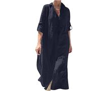 Linen Dresses for Women UK Clearance Summer Beach V Neck Button Midi Dress Short Sleeve Casual Dresses Pockets Elegant Solid Color Dress Loose Baggy Cotton Maxi Dress Ladies Dresses Size S-2XL
