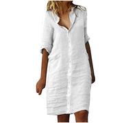 Linen Dresses for Women UK Clearance Summer Beach V Neck Button Midi Dress Short Sleeve Casual Dresses Pockets Elegant Solid Color Dress Loose Baggy Cotton Maxi Dress Ladies Dresses Size S-2XL White