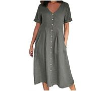 Linen Dresses for Women UK Clearance Summer Beach V Neck Button Midi Dress Short Sleeve Casual Dresses Pockets Elegant Solid Color Dress Loose Baggy Cotton Maxi Dress Ladies Dresses Size S-2XL