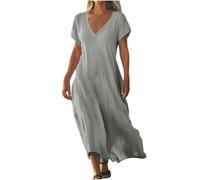 Linen Dresses For Women Uk Elegant Flowy Solid Color 3/4 Sleeve Cotton Linen Maxi Dress Oversized Loose V Neck Long Dresses With Hem Beach Sundress Casual Swing Boho Summer Dress Holiday Sundresses