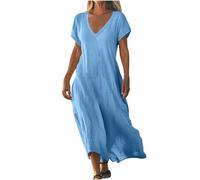 Linen Dresses For Women Uk Elegant Flowy Solid Color 3/4 Sleeve Cotton Linen Maxi Dress Oversized Loose V Neck Long Dresses With Hem Beach Sundress Casual Swing Boho Summer Dress Holiday Sundresses