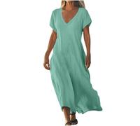 Linen Dresses for Women UK Elegant Flowy Solid Color 3/4 Sleeve Cotton Linen Maxi Dress Oversized Loose V Neck Long Dresses with Hem Beach Sundress Casual Swing Boho Summer Dress Holiday Sundresses