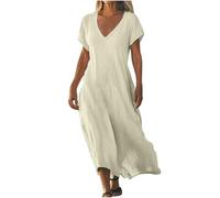 Linen Dresses for Women UK Elegant Flowy Solid Color 3/4 Sleeve Cotton Linen Maxi Dress Oversized Loose V Neck Long Dresses with Hem Beach Sundress Casual Swing Boho Summer Dress Holiday Sundresses