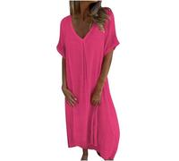 Linen Dresses for Women UK Italian Summer Dresses Short Sleeve V Neck Maxi Dresses Plain Casual Boho Sundress Swing Long Dress Loose Fit Beach Pullover Dress Lounge Dress Hot Pink