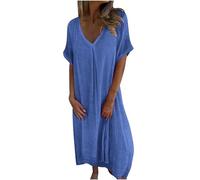 Linen Dresses for Women UK Italian Summer Dresses Short Sleeve V Neck Maxi Dresses Plain Casual Boho Sundress Swing Long Dress Loose Fit Beach Pullover Dress Lounge Dress Blue